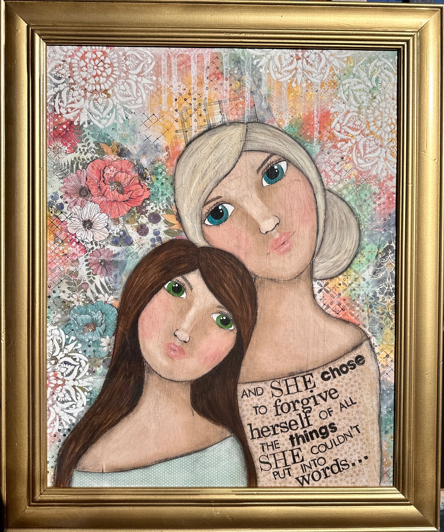 whimsy and me, multi colored, vintage tones, mother and daughter, friends, mixed media, girls, brunette girl, blonde girl, framed, recycled frame, blue eyes, green eyes, whimsical girls, flowers, choices, forgiveness, original artwork, recycled gold frame