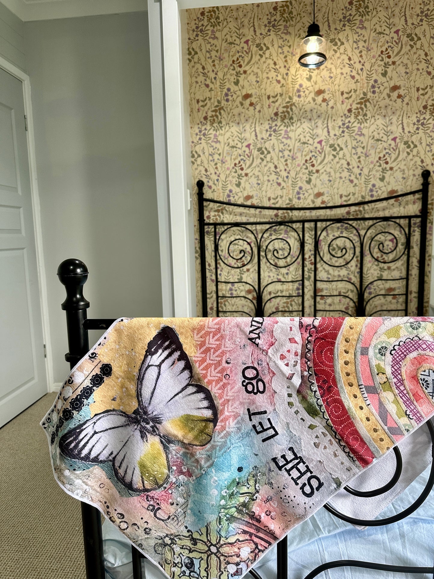 whimsy and me, multi colored, rainbow, butterfly, freedom, letting go, mixed media, choices, forgiveness, original artwork, gym towel, soft