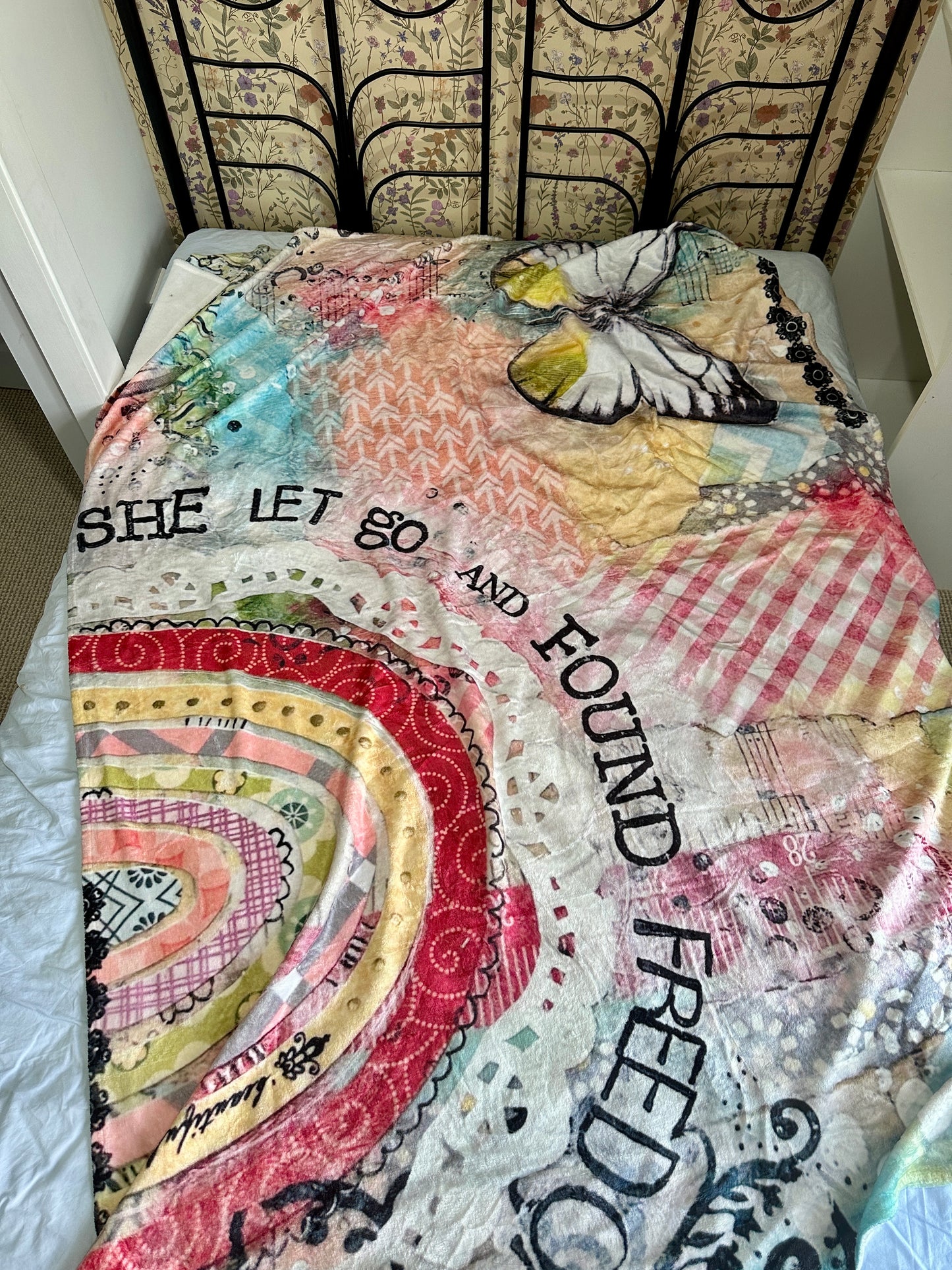 whimsy and me, multi colored, rainbow, butterfly, freedom, letting go, mixed media, choices, forgiveness, original artwork, minki blanket, soft, snuggly, cosy, queen bed