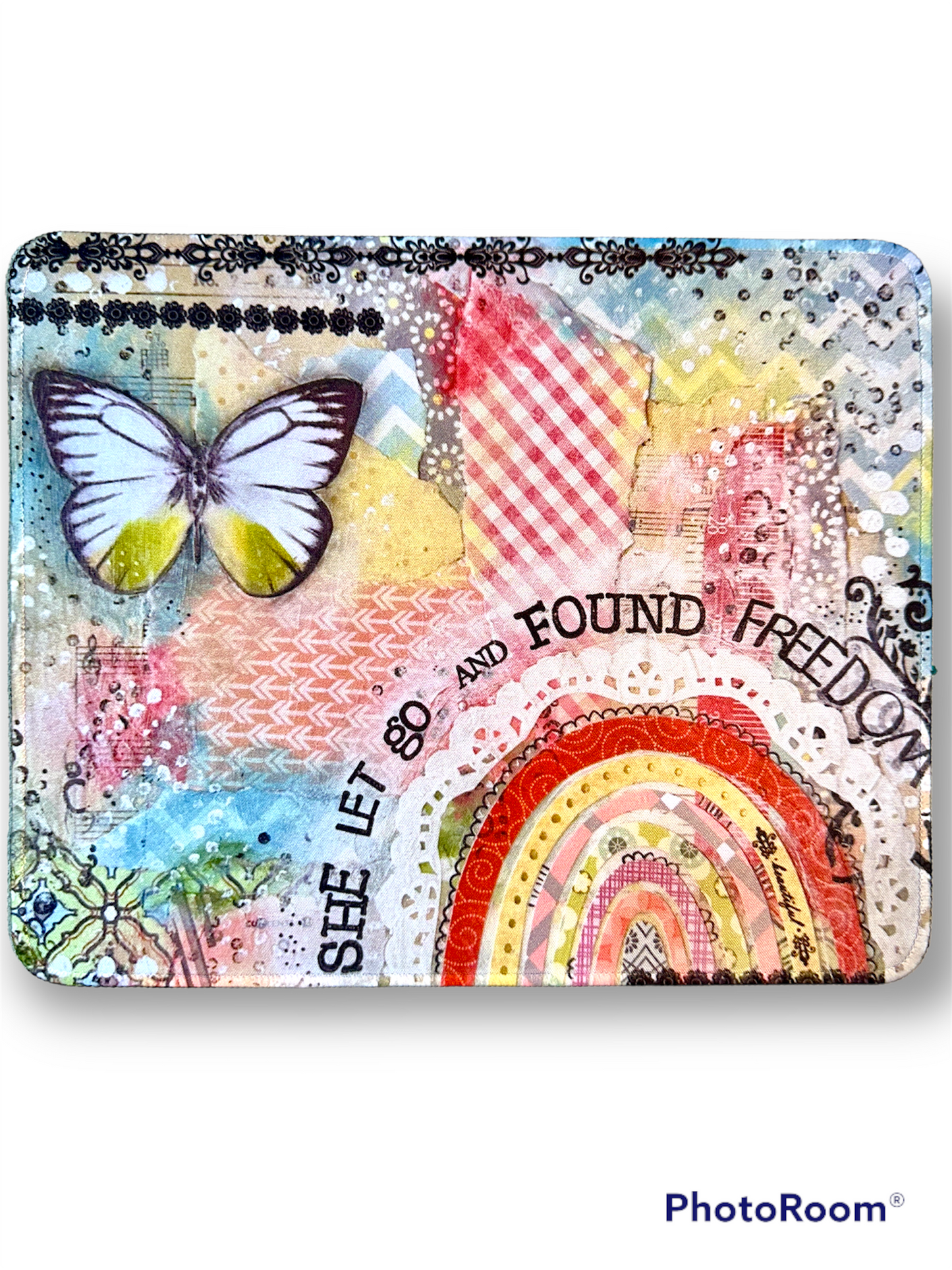 whimsy and me, multi colored, rainbow, butterfly, freedom, letting go, mixed media, choices, forgiveness, original artwork, mouse pad, soft