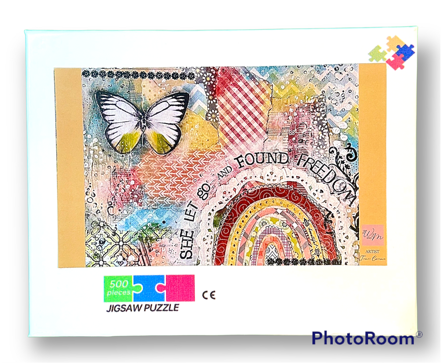 whimsy and me, multi colored, rainbow, butterfly, freedom, letting go, mixed media, choices, forgiveness, original artwork, puzzle, fun