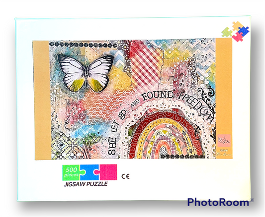 whimsy and me, multi colored, rainbow, butterfly, freedom, letting go, mixed media, choices, forgiveness, original artwork, puzzle, fun