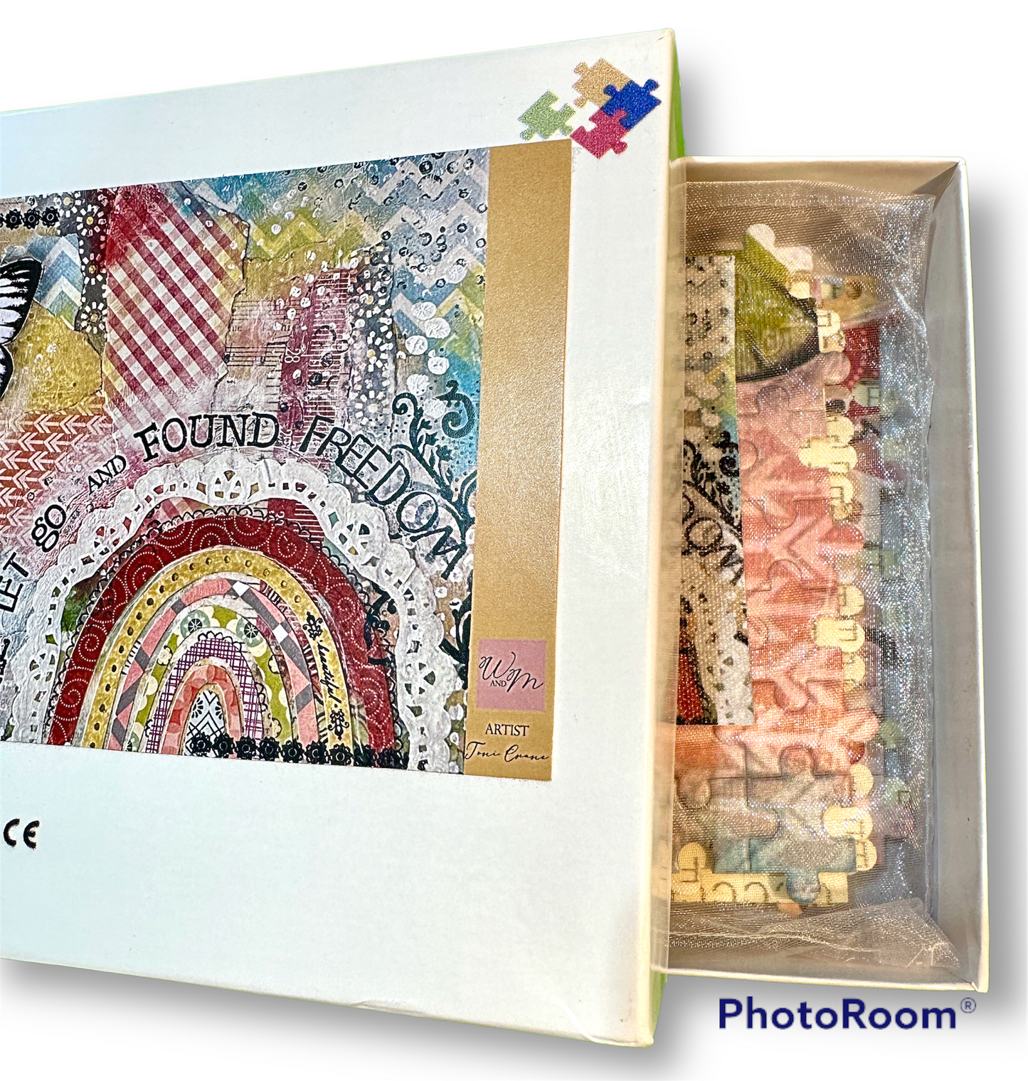 whimsy and me, multi colored, rainbow, butterfly, freedom, letting go, mixed media, choices, forgiveness, original artwork, puzzle, fun
