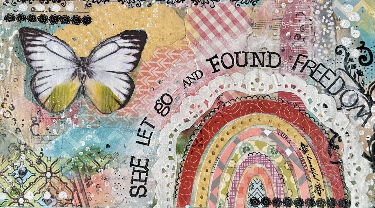 whimsy and me, multi colored, rainbow, butterfly, freedom, letting go, mixed media, choices, forgiveness, original artwork, gym towel, soft