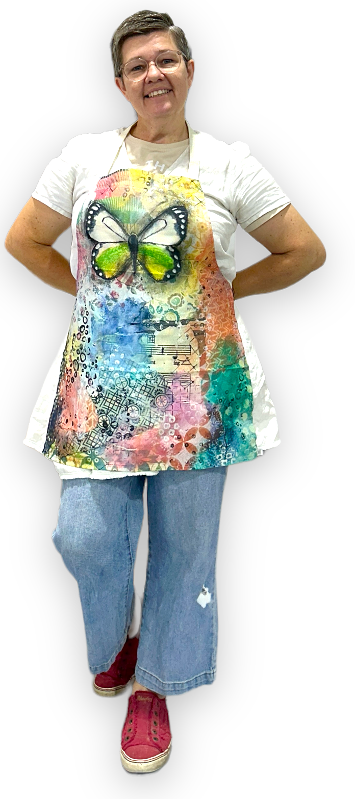 whimsy and me, multi colored, rainbow, butterfly, freedom, letting go, mixed media, choices, forgiveness, original artwork, adults apron