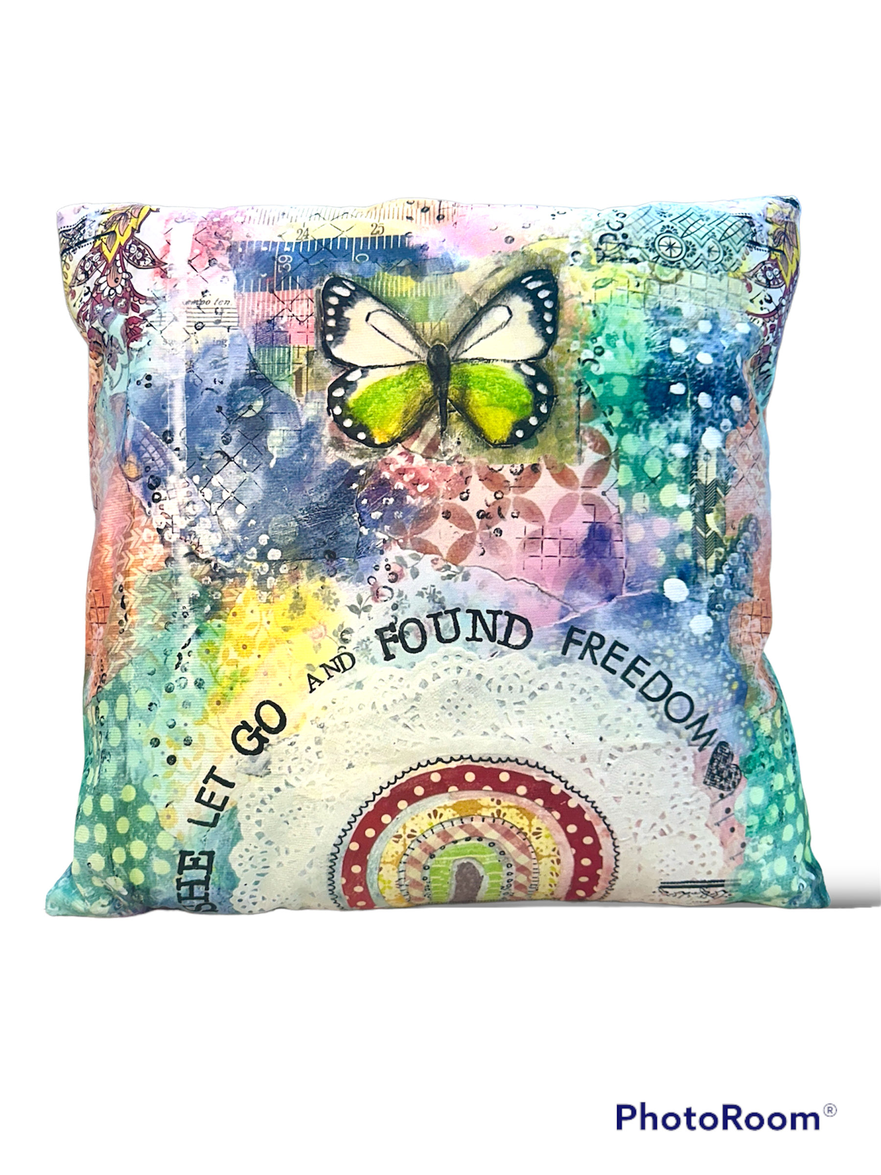 whimsy and me, multi colored, butterfly, rainbow, freedom, letting go, mixed media, choices, forgiveness, original artwork, cushion cover, zipper closure, soft