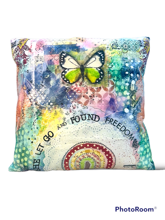 whimsy and me, multi colored, butterfly, rainbow, freedom, letting go, mixed media, choices, forgiveness, original artwork, cushion cover, zipper closure, soft