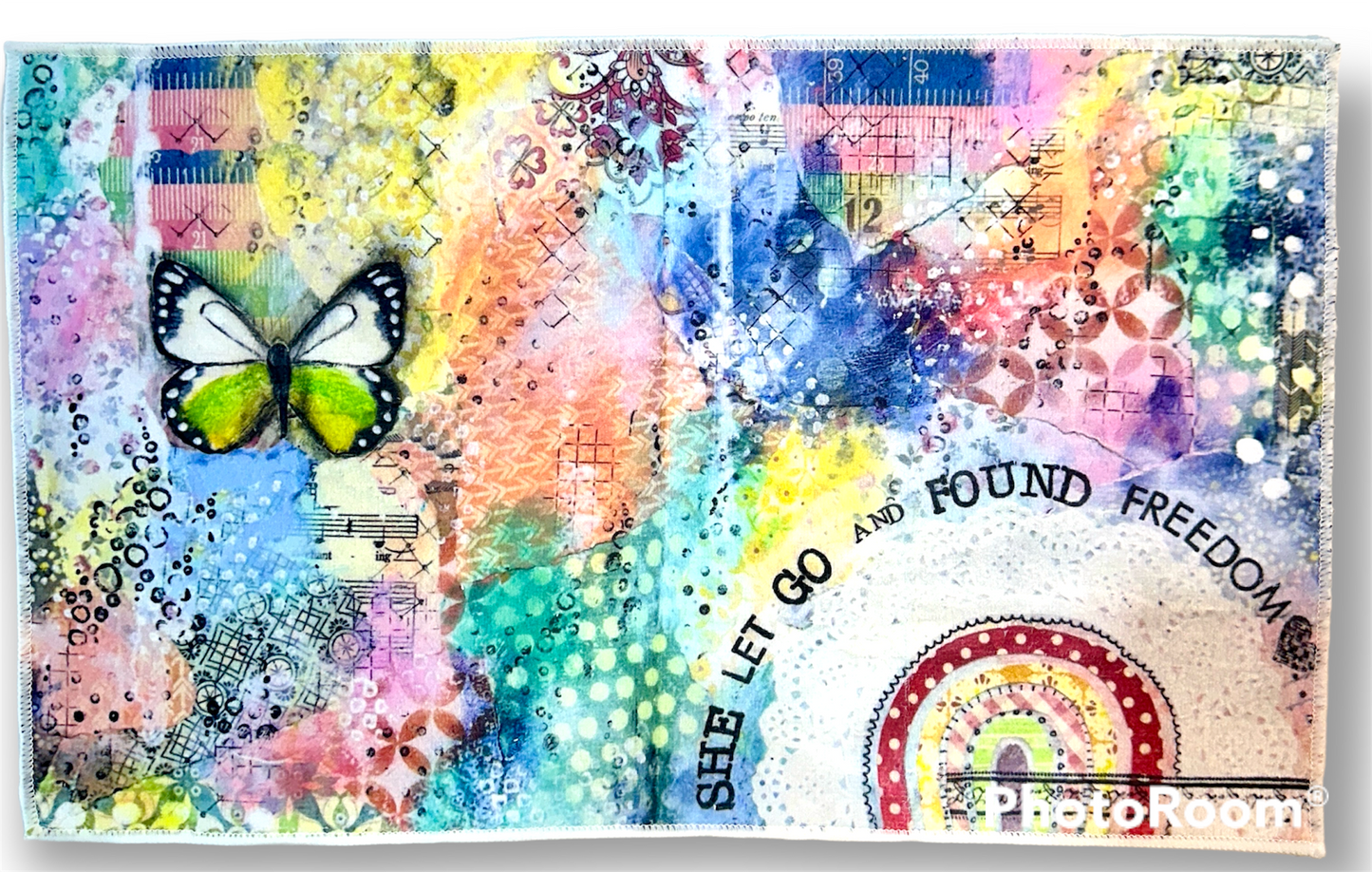 whimsy and me, multi colored, butterfly, rainbow, freedom, letting go, mixed media, choices, forgiveness, original artwork, hand towel, soft