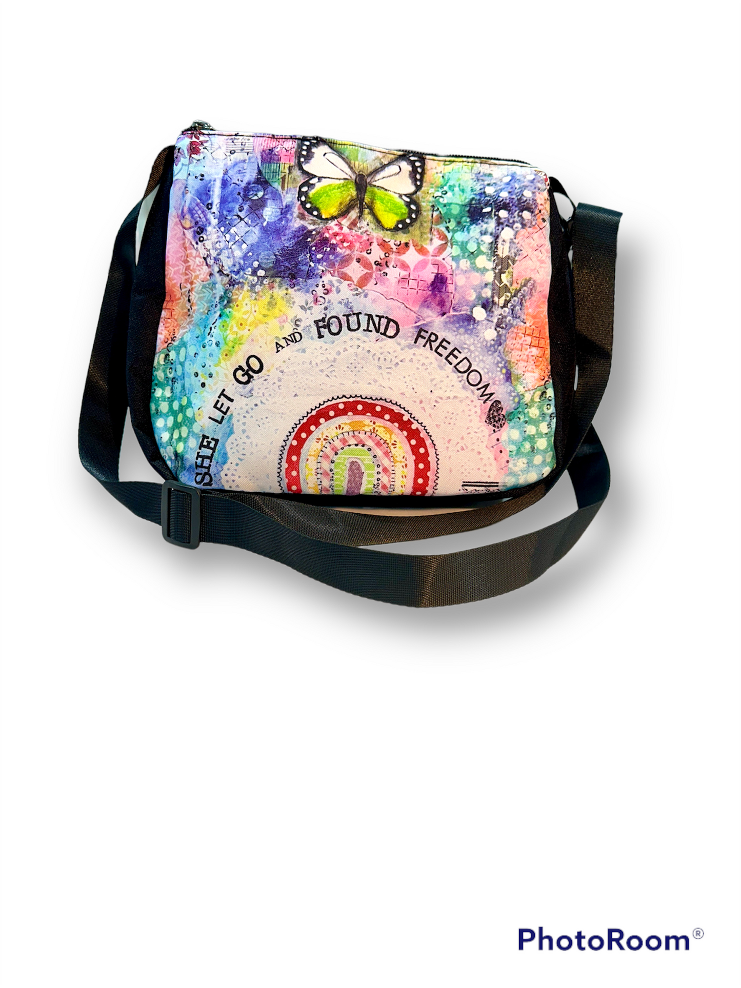 whimsy and me, multi colored, butterfly, rainbow, freedom, letting go, mixed media, choices, forgiveness, original artwork, hand bag, zipper closure, adjustable strap