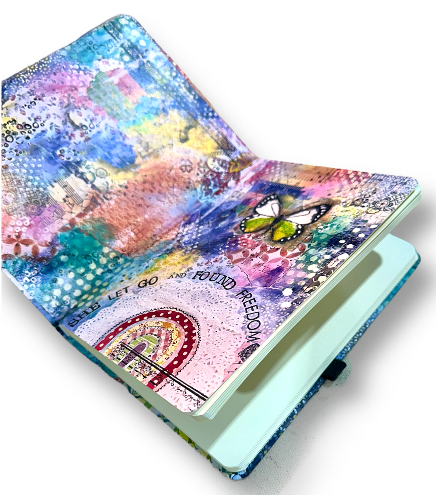 whimsy and me, multi colored, butterfly, rainbow, freedom, letting go, mixed media, choices, forgiveness, original artwork, gaming mat, sketch book, journal, art, hard cover