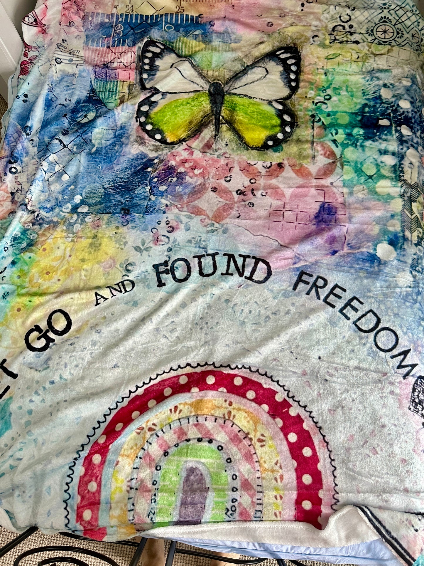 whimsy and me, multi colored, rainbow, butterfly, freedom, letting go, mixed media, choices, forgiveness, original artwork, minki blanket, soft, snuggly, cosy, queen bed