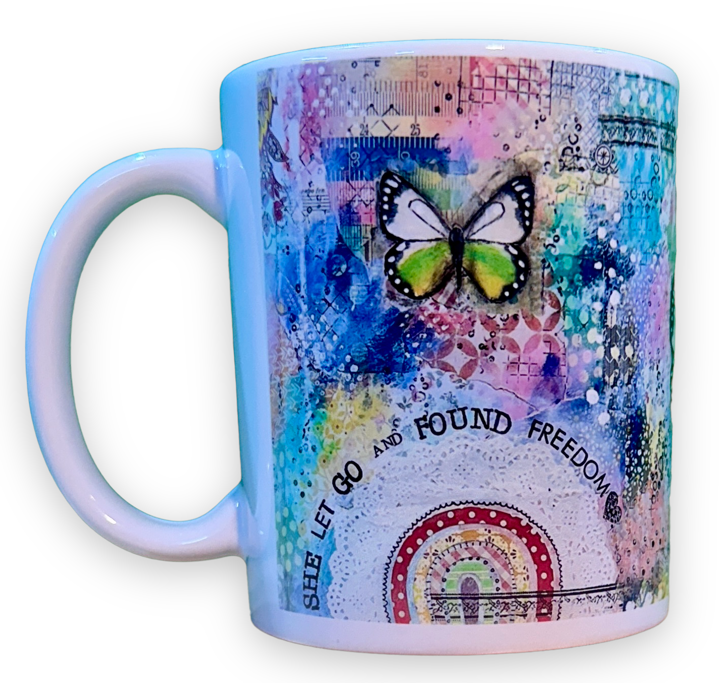 whimsy and me, multi colored, butterfly, rainbow, freedom, letting go, mixed media, choices, forgiveness, original artwork, mug