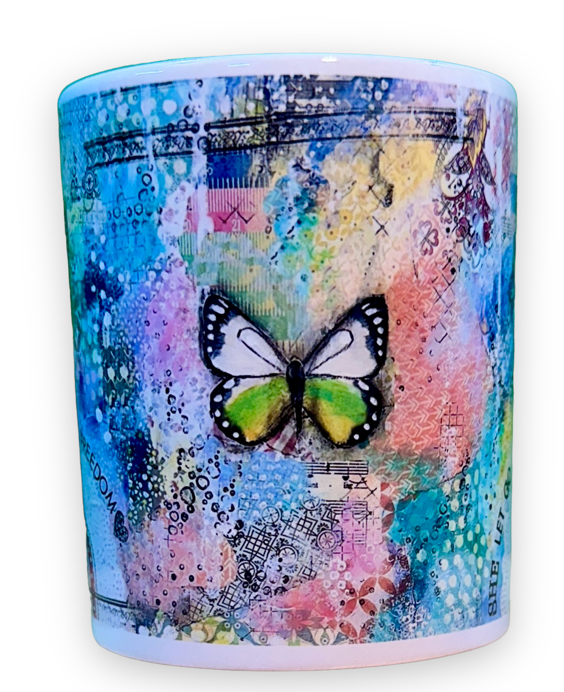 whimsy and me, multi colored, butterfly, rainbow, freedom, letting go, mixed media, choices, forgiveness, original artwork, mug