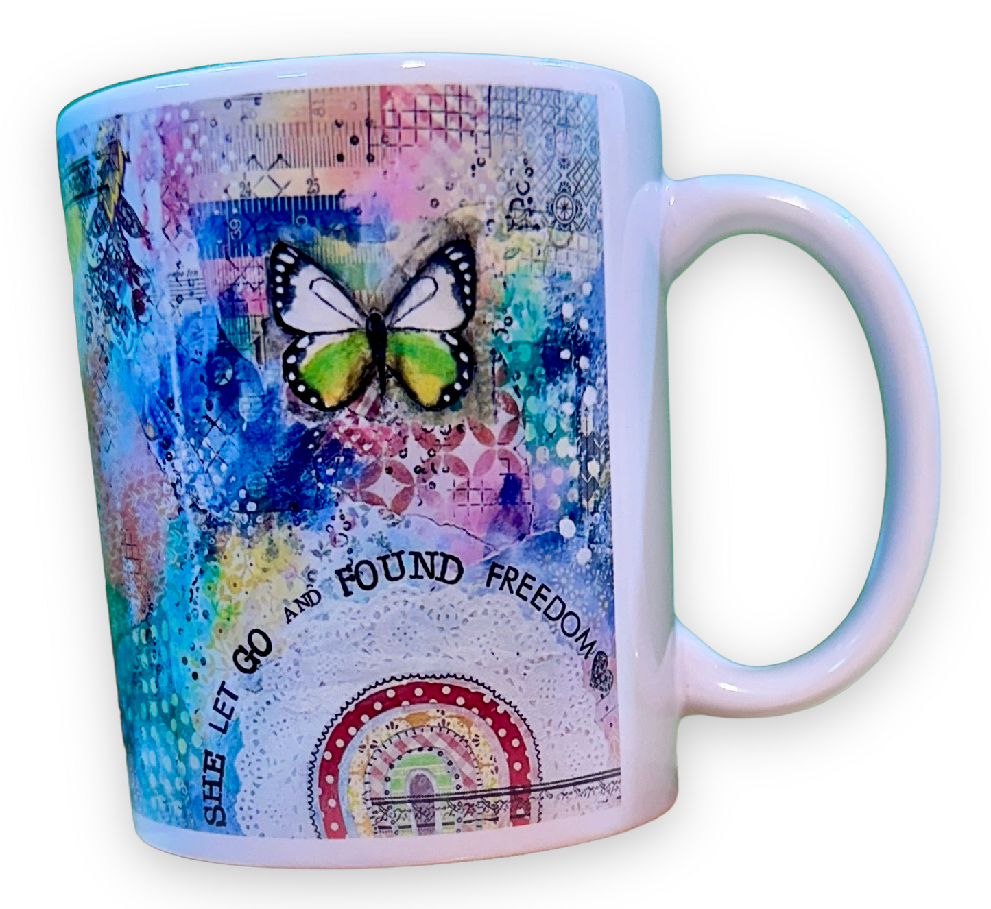 whimsy and me, multi colored, butterfly, rainbow, freedom, letting go, mixed media, choices, forgiveness, original artwork, mug