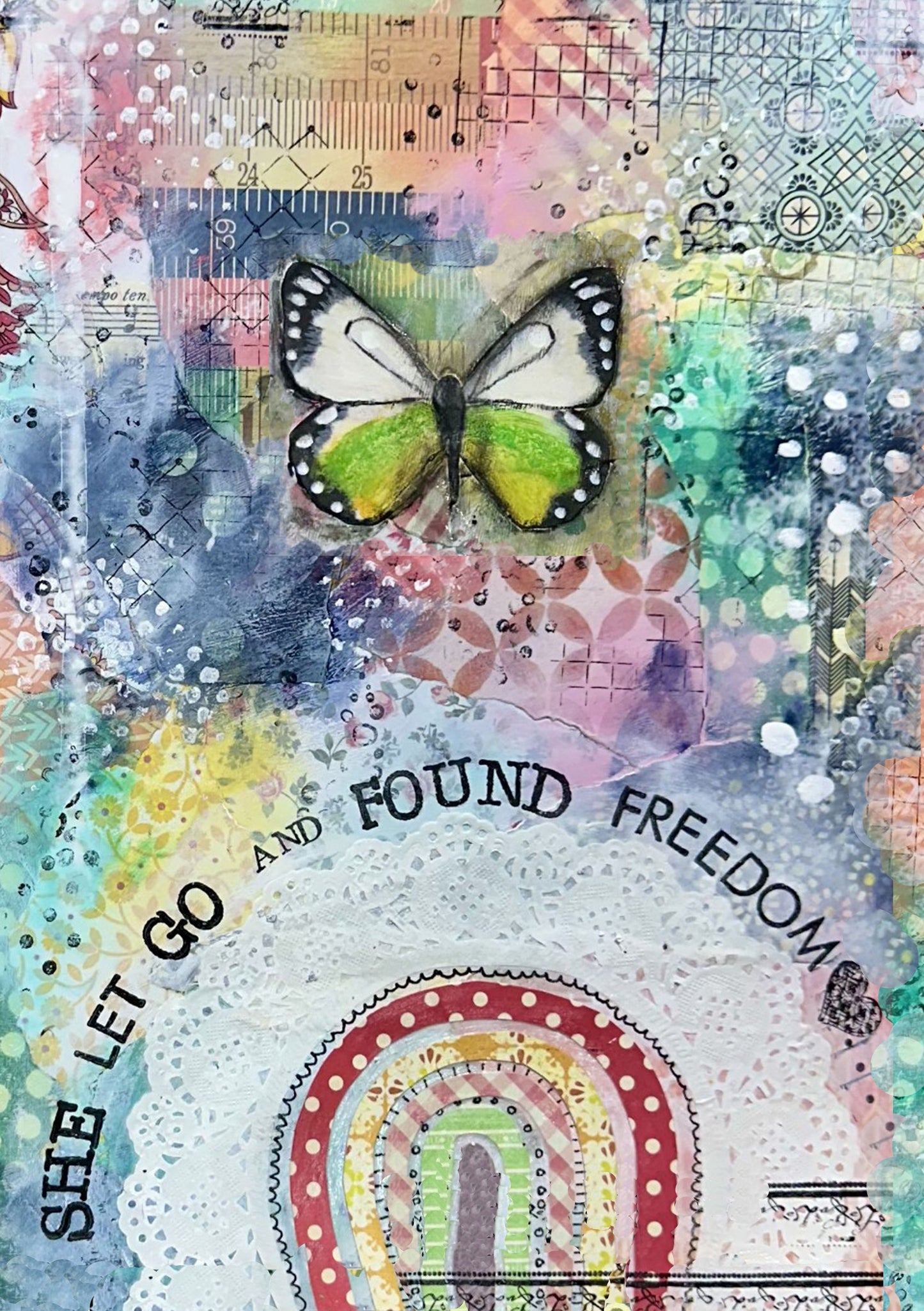 whimsy and me, multi colored, rainbow, butterfly, freedom, letting go, mixed media, choices, forgiveness, original artwork, art print