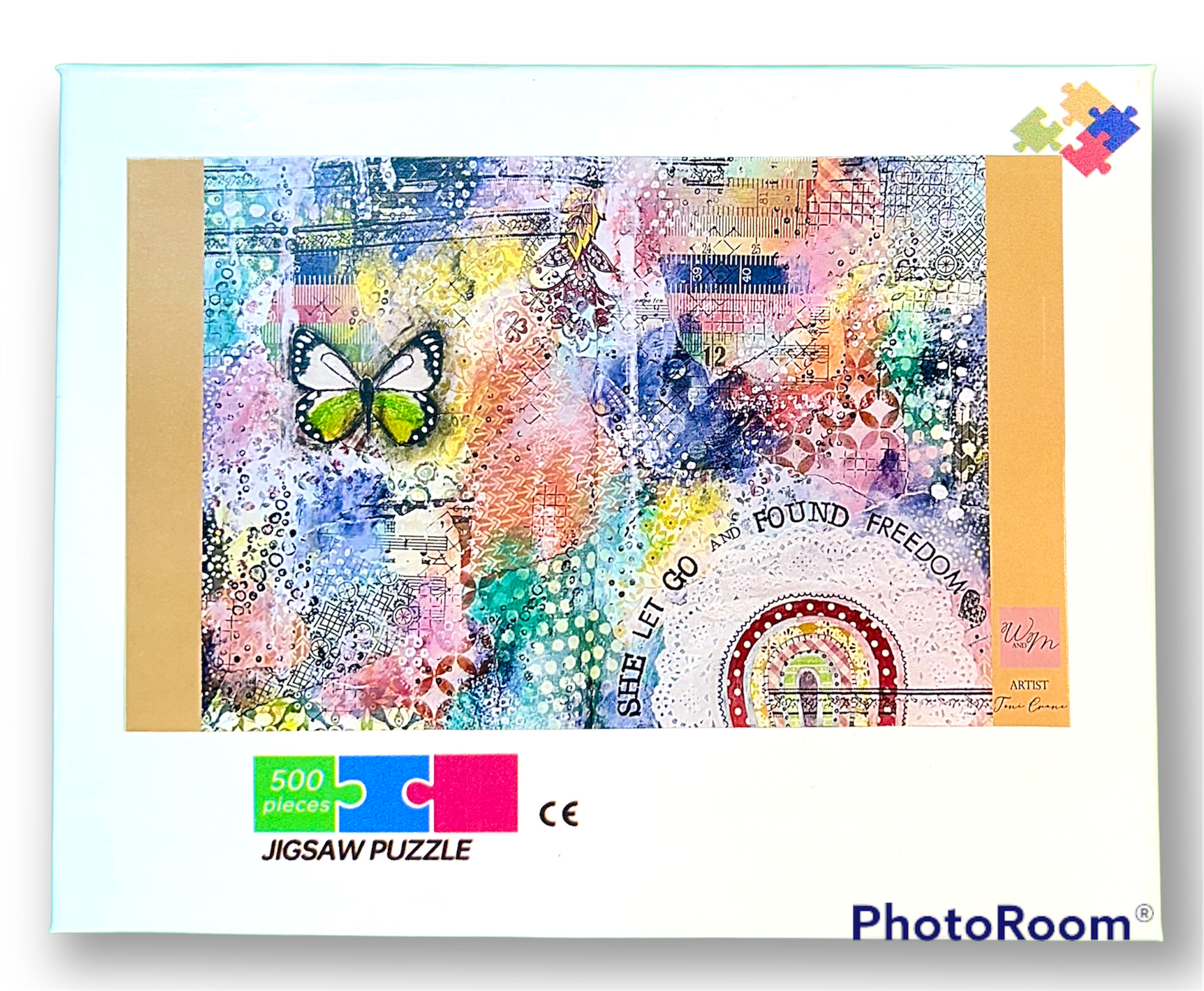whimsy and me, multi colored, rainbow, butterfly, freedom, letting go, mixed media, choices, forgiveness, original artwork, puzzle, fun
