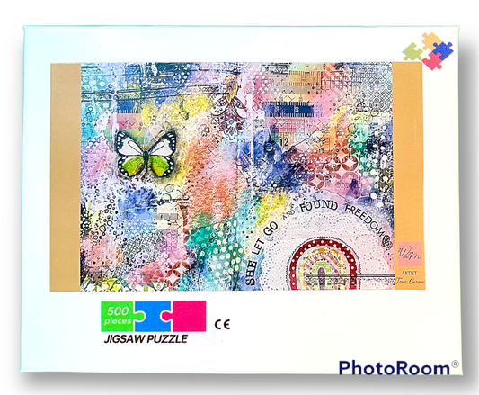 whimsy and me, multi colored, rainbow, butterfly, freedom, letting go, mixed media, choices, forgiveness, original artwork, puzzle, fun