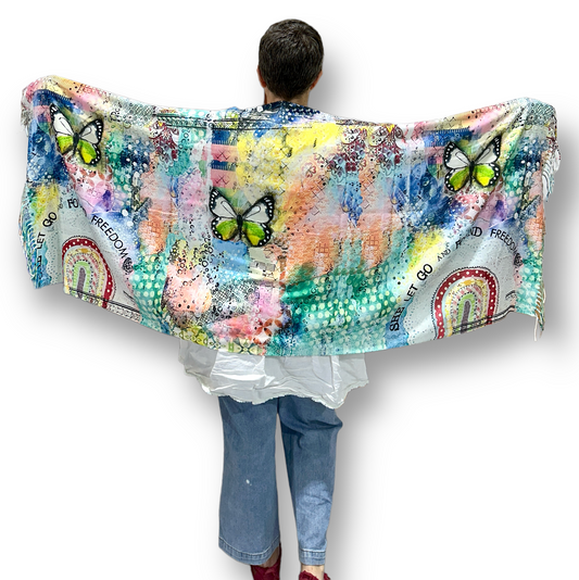 whimsy and me, multi colored, butterfly, rainbow, freedom, letting go, mixed media, choices, forgiveness, original artwork, shawl, soft, snuggly, warm