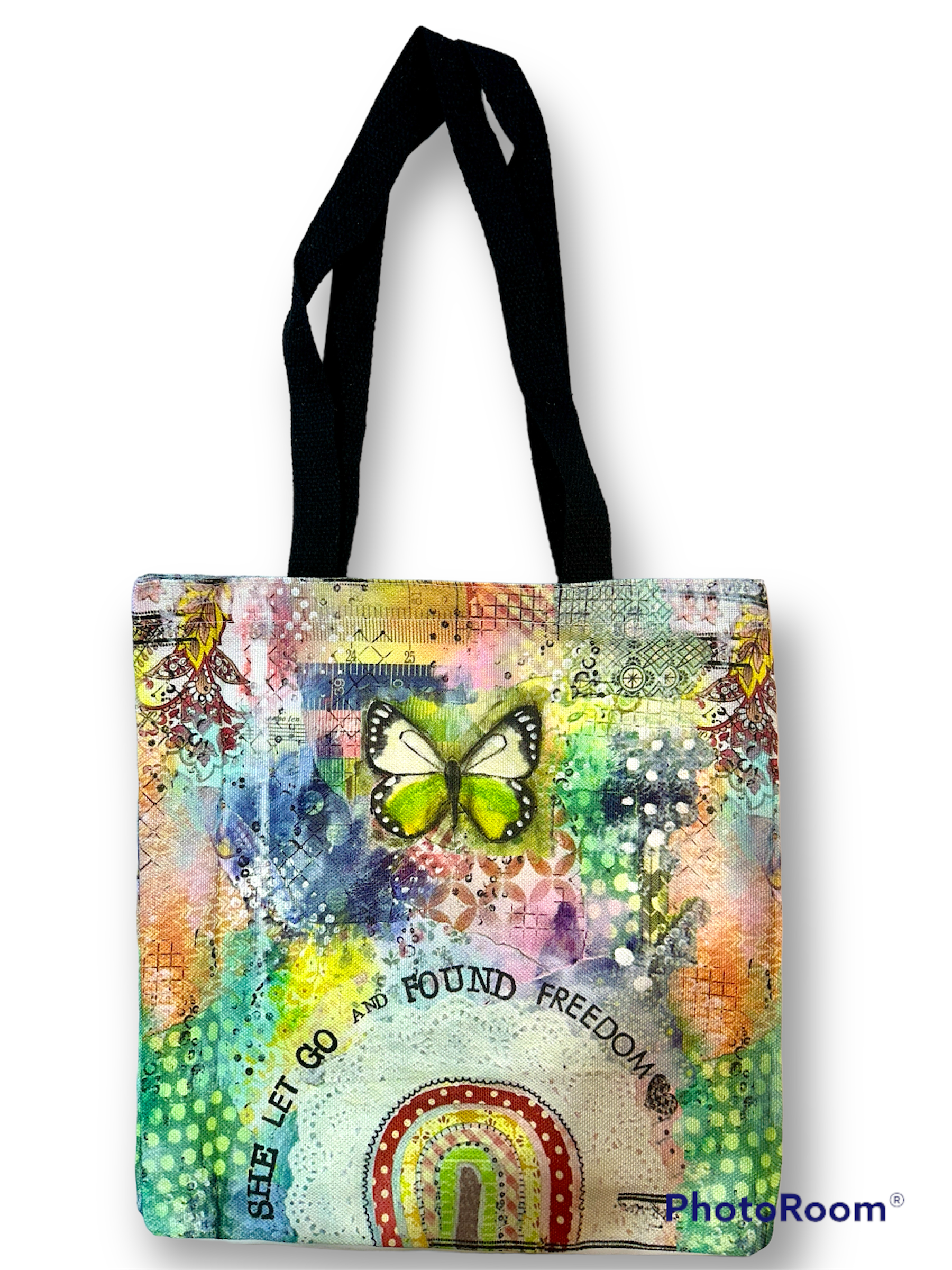 whimsy and me, multi colored, butterfly, rainbow, freedom, letting go, mixed media, choices, forgiveness, original artwork, tote bag