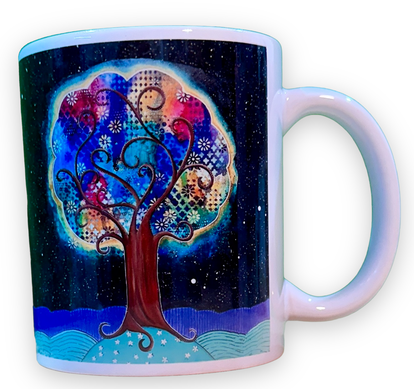 whimsy and me, whimsical, tree of life, intuitive painting, bold colors, flowers, water, free, purple, turquoise, forest, tree, mug