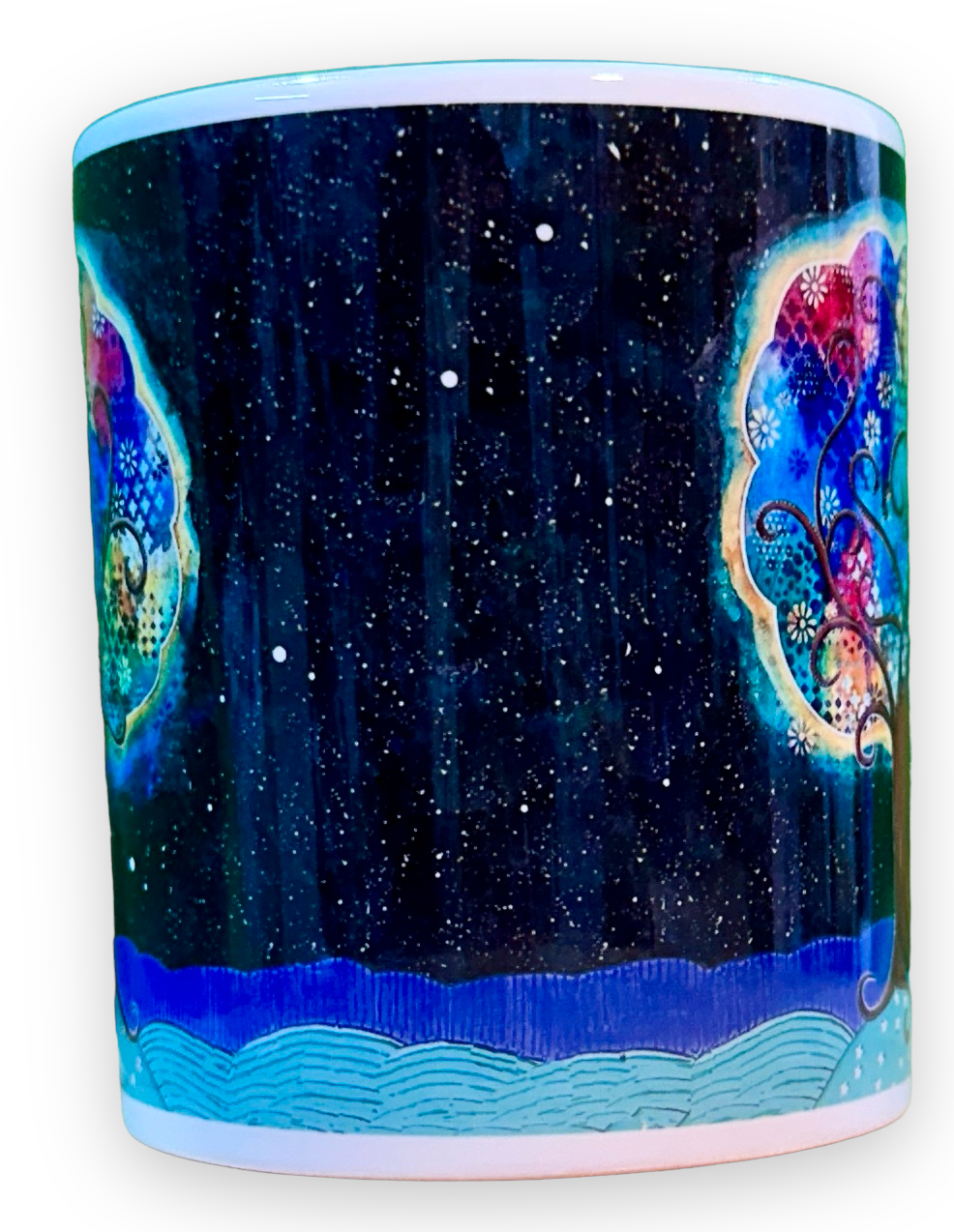 whimsy and me, whimsical, tree of life, intuitive painting, bold colors, flowers, water, free, purple, turquoise, forest, tree, mug