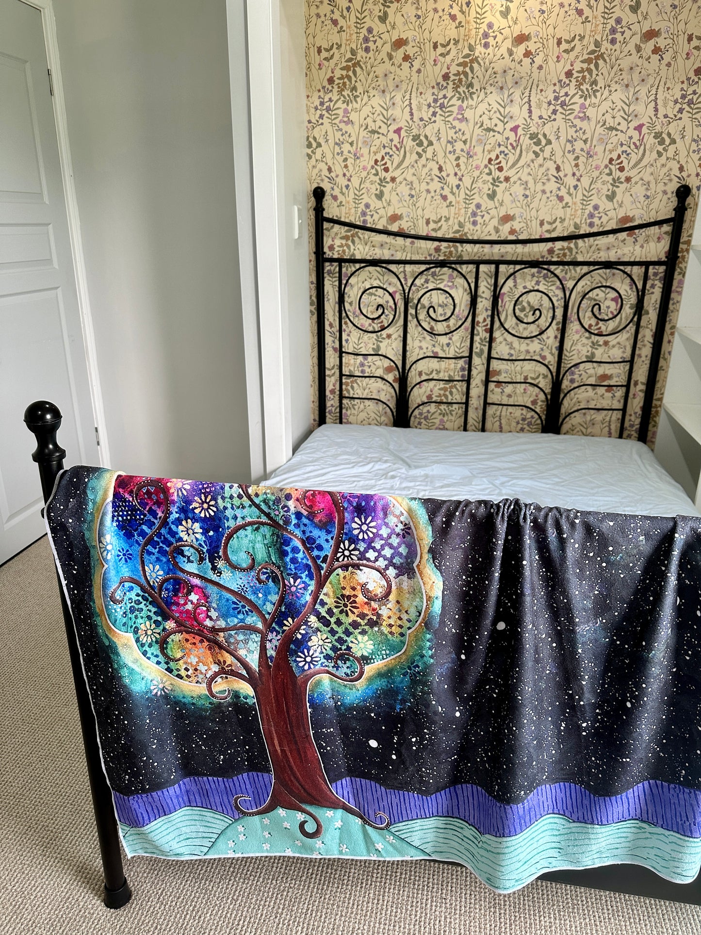 whimsy and me, whimsical, tree of life, intuitive painting, bold colors, flowers, water, free, purple, turquoise, forest, tree, beach towel, soft