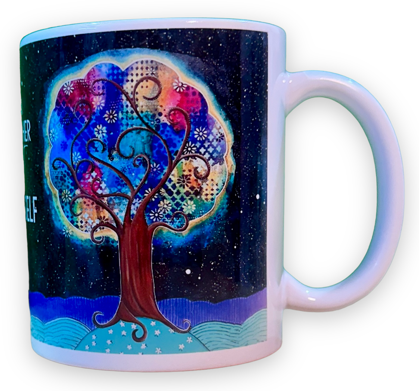 whimsy and me, whimsical, tree of life, intuitive painting, bold colors, flowers, water, free, purple, turquoise, forest, tree, mug