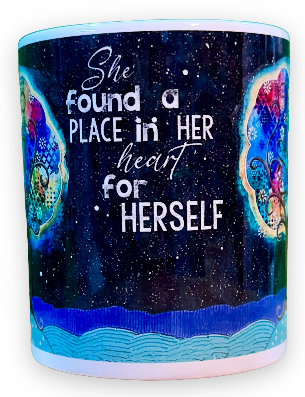 whimsy and me, whimsical, tree of life, intuitive painting, bold colors, flowers, water, free, purple, turquoise, forest, tree, mug