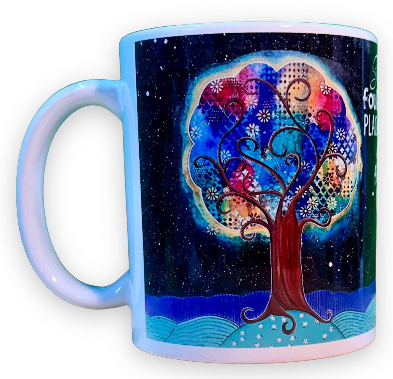 whimsy and me, whimsical, tree of life, intuitive painting, bold colors, flowers, water, free, purple, turquoise, forest, tree, mug