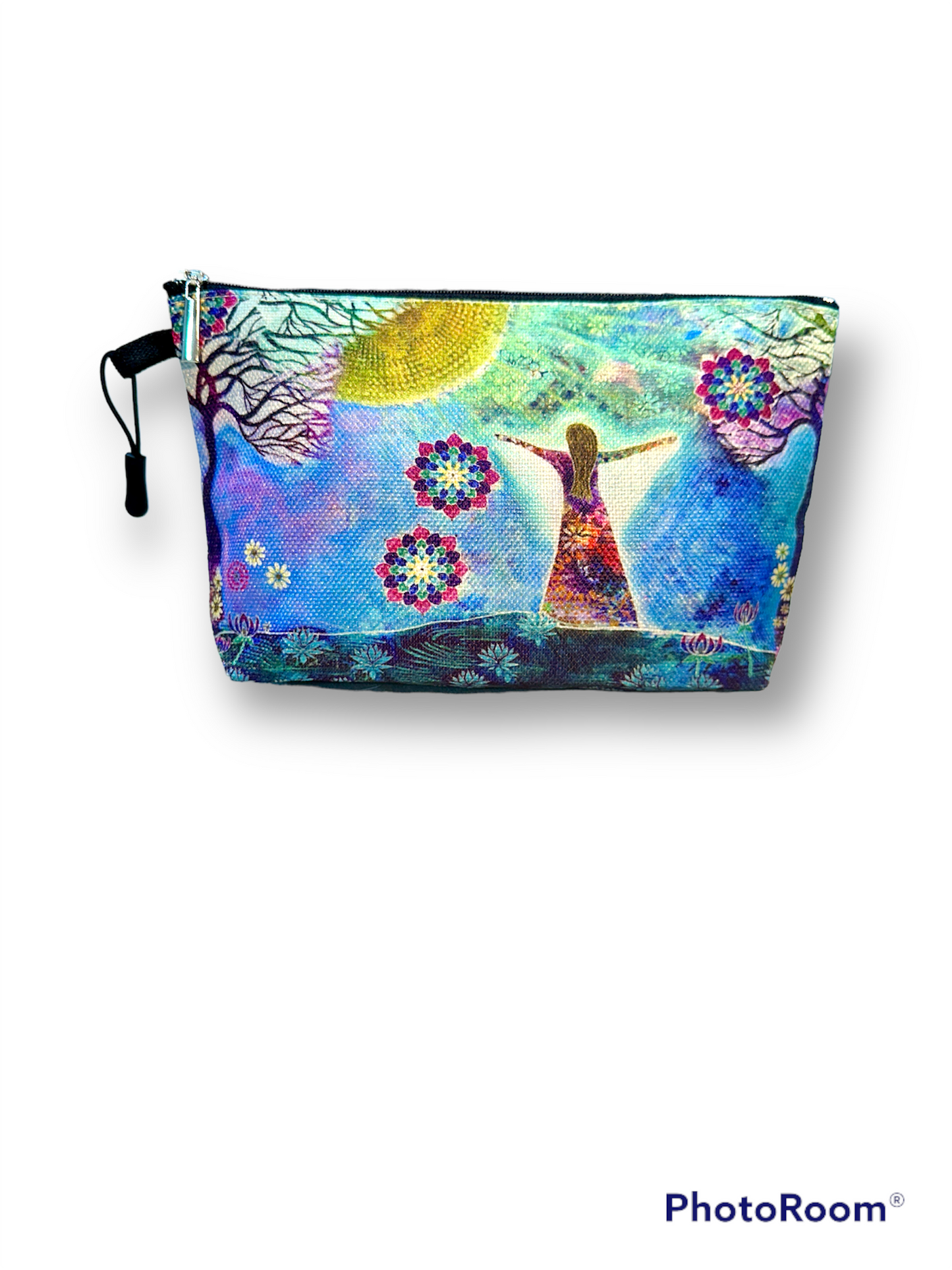 whimsy and me, whimsical girl, intuitive painting, sunshine, bold colors, lotus flowers, water, free girl, purple, turquoise, flowers, forest, trees, beauty bag, art, creative