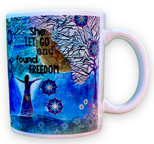 whimsy and me, whimsical girl, intuitive painting, sunshine, bold colors, lotus flowers, water, free girl, purple, turquoise, flowers, forest, trees, mug