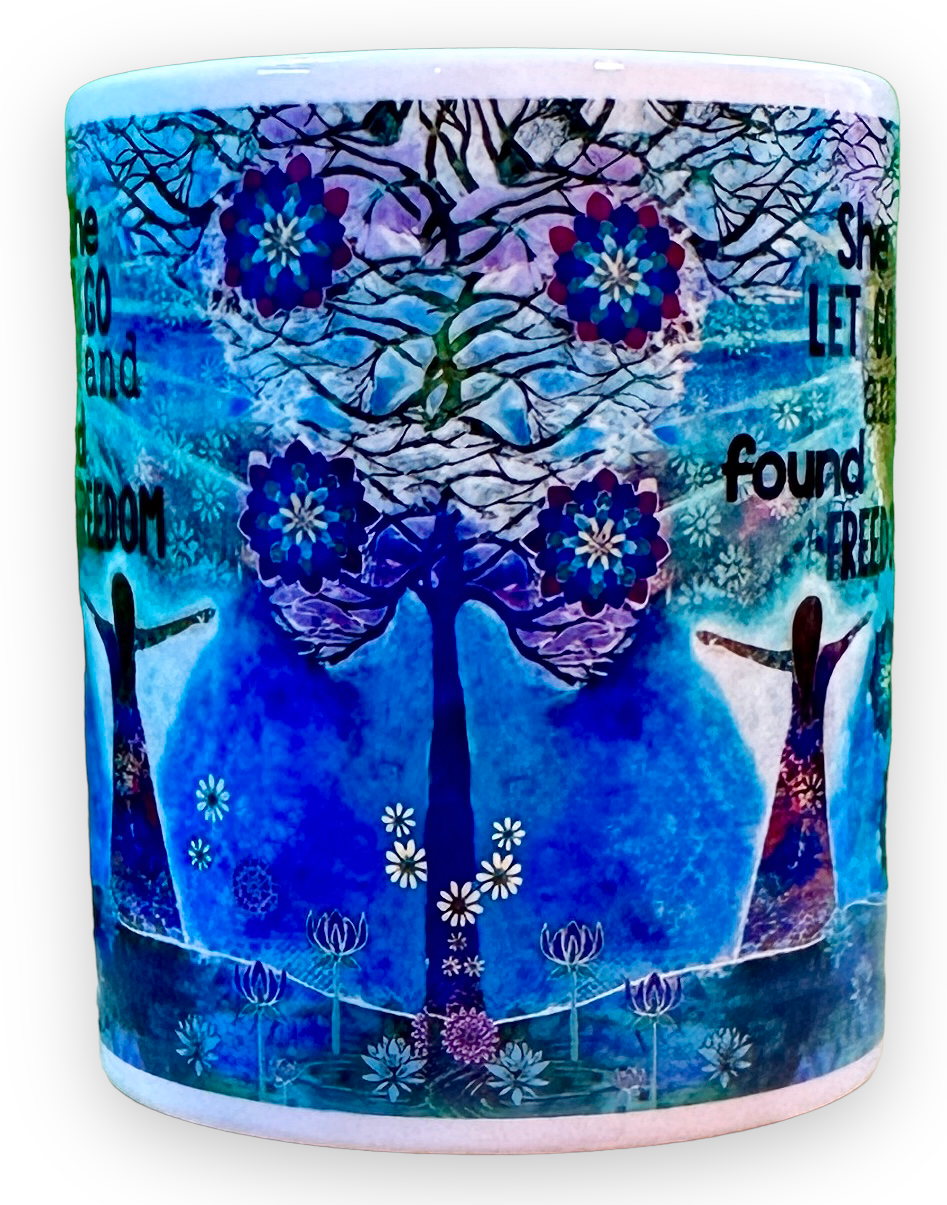 whimsy and me, whimsical girl, intuitive painting, sunshine, bold colors, lotus flowers, water, free girl, purple, turquoise, flowers, forest, trees, mug