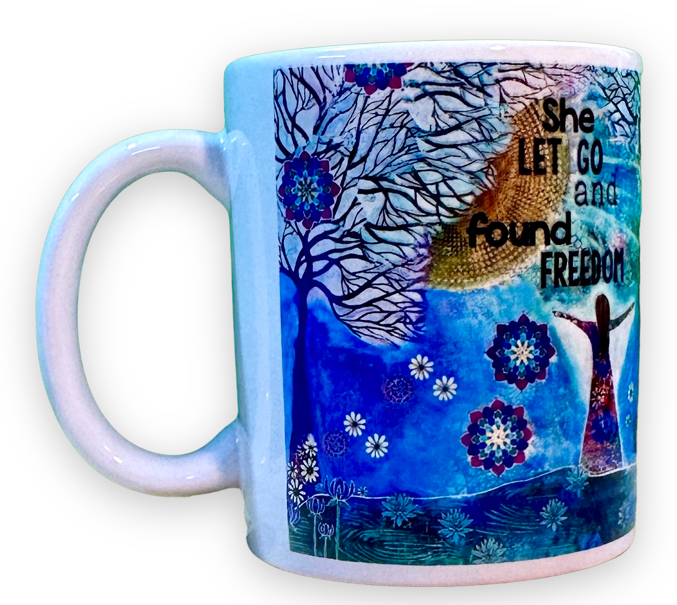 whimsy and me, whimsical girl, intuitive painting, sunshine, bold colors, lotus flowers, water, free girl, purple, turquoise, flowers, forest, trees, mug