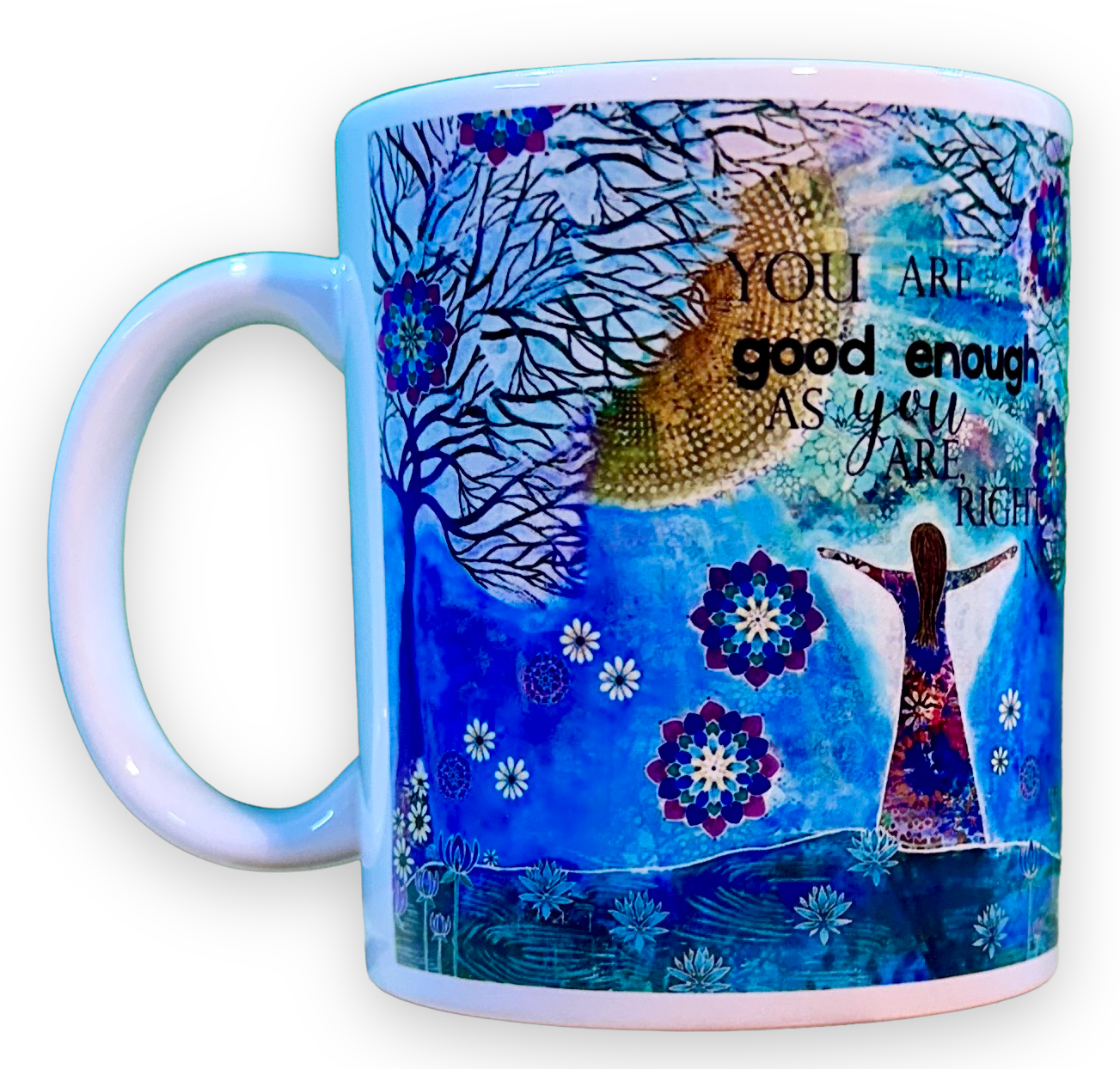 whimsy and me, whimsical girl, intuitive painting, sunshine, bold colors, lotus flowers, water, free girl, purple, turquoise, flowers, forest, trees, mug