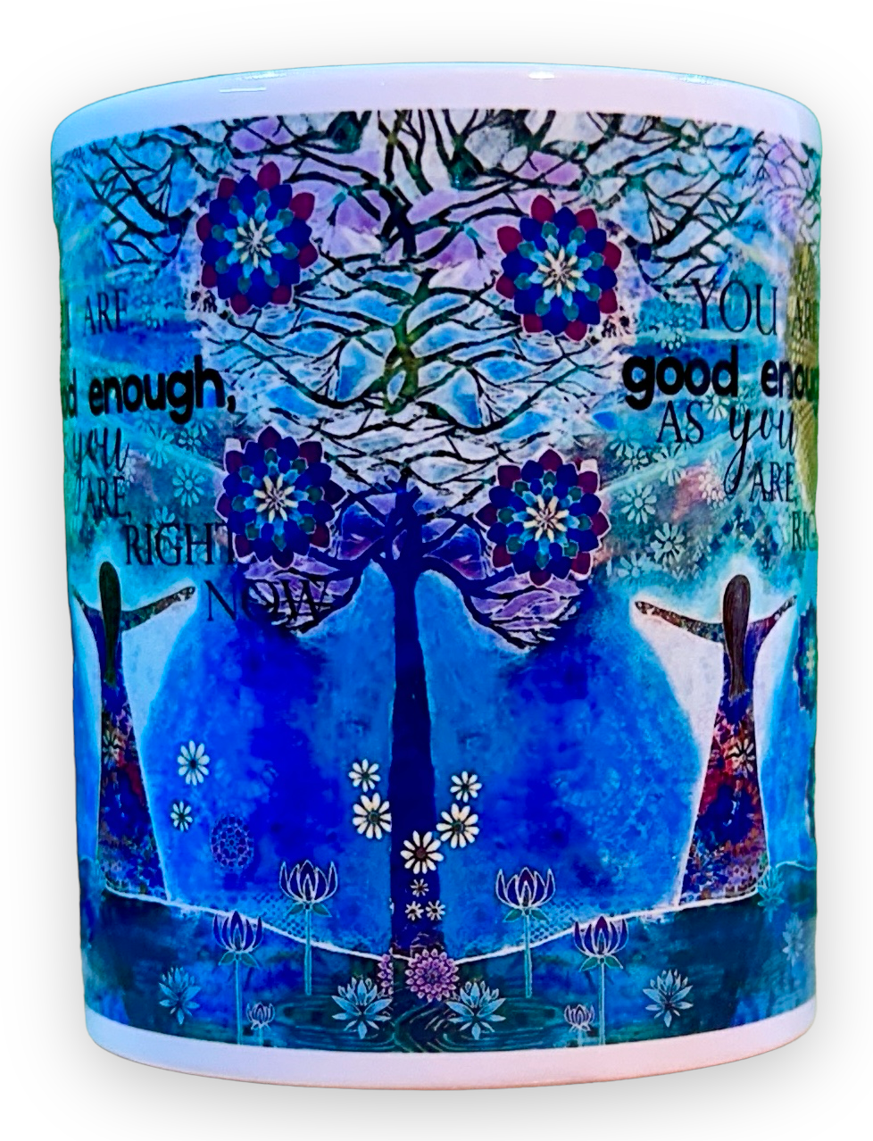 whimsy and me, whimsical girl, intuitive painting, sunshine, bold colors, lotus flowers, water, free girl, purple, turquoise, flowers, forest, trees, mug