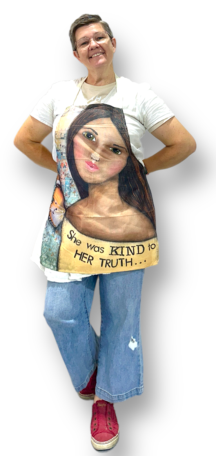 whimsy and me, yellow, mixed media, butterfly girl, brunette, framed, recycled frame, green eyes, whimsical girl, adults apron