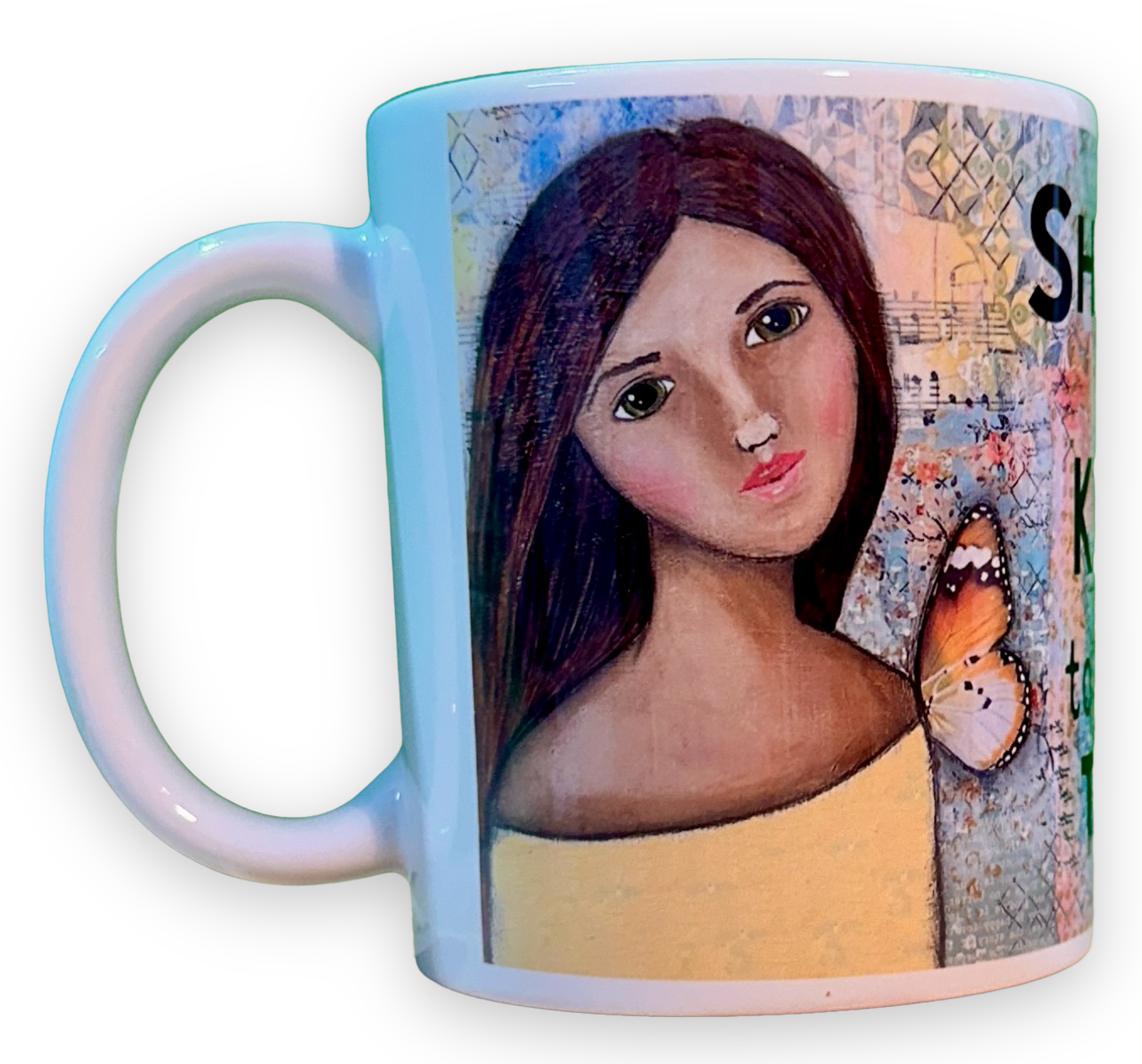 whimsy and me, yellow, mixed media, butterfly girl, brunette, framed, recycled frame, green eyes, whimsical girl, mug