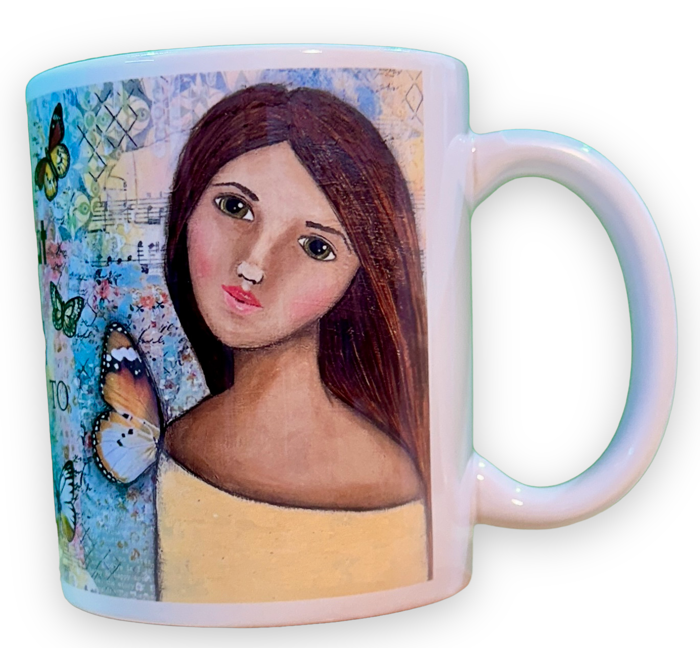 whimsy and me, yellow, mixed media, butterfly girl, brunette, framed, recycled frame, green eyes, whimsical girl, mug