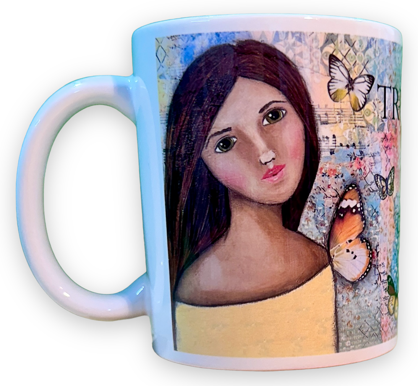 whimsy and me, yellow, mixed media, butterfly girl, brunette, framed, recycled frame, green eyes, whimsical girl, mug