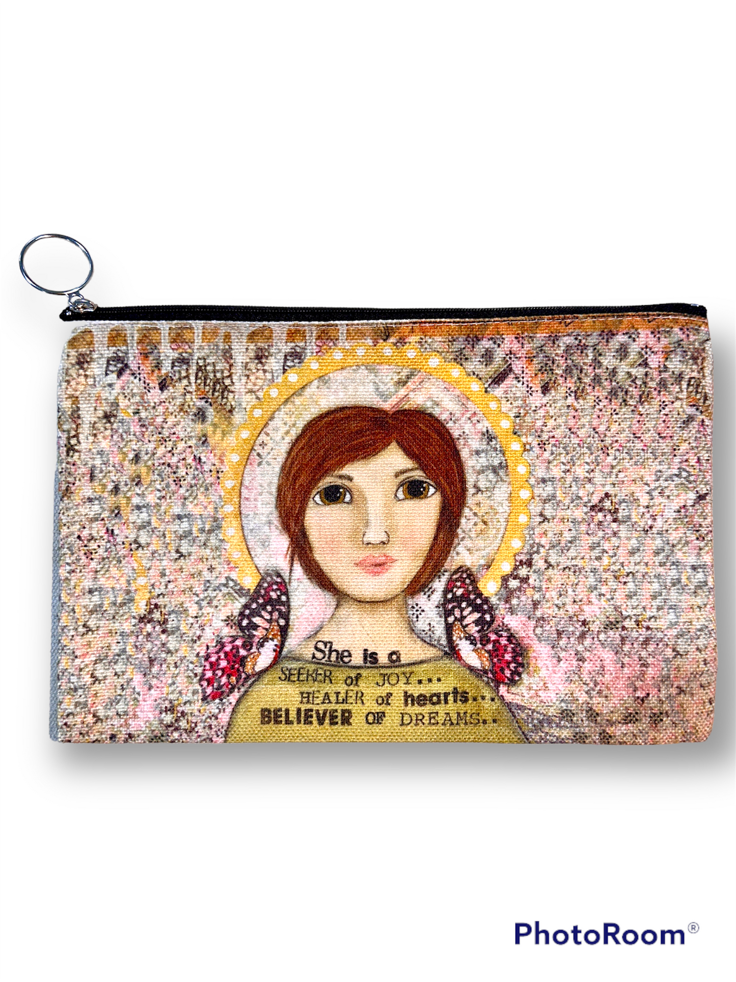 whimsy and me, yellow, mixed media, butterfly girl, brunette, halo, hazel eyes pink butterfly, healer, whimsical girl, beauty bag