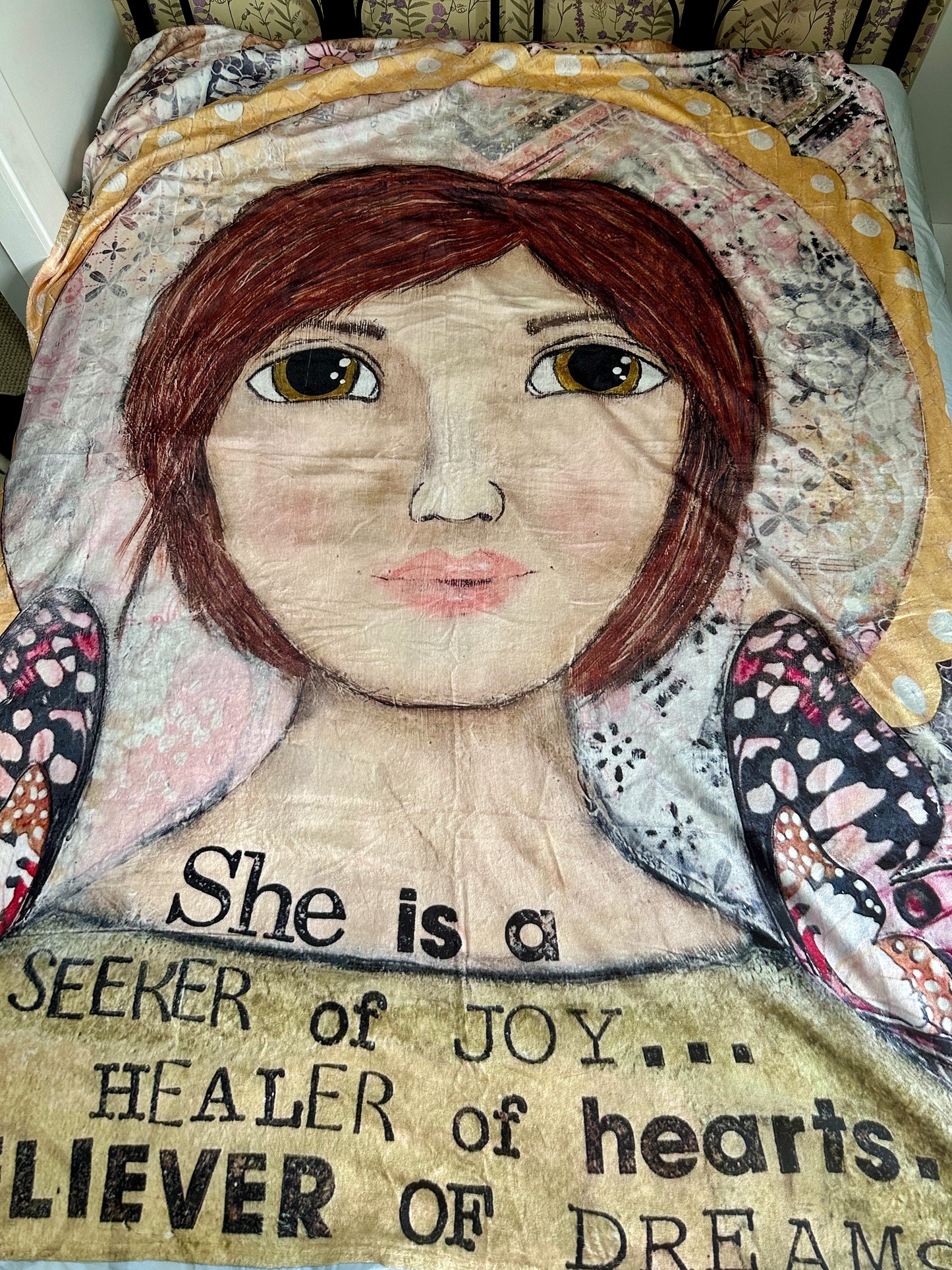 whimsy and me, yellow, mixed media, butterfly girl, brunette, halo, hazel eyes pink butterfly, healer, whimsical girl, minki blanket, soft, cosy, snuggly, queen bed