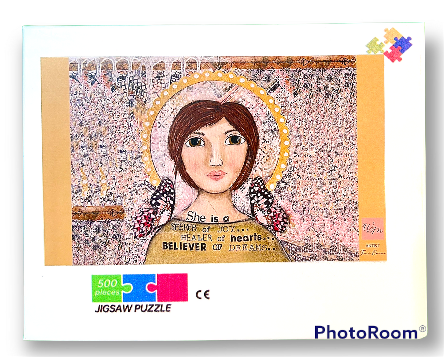 whimsy and me, yellow, mixed media, butterfly girl, brunette, halo, hazel eyes pink butterfly, healer, whimsical girl, puzzle, creative