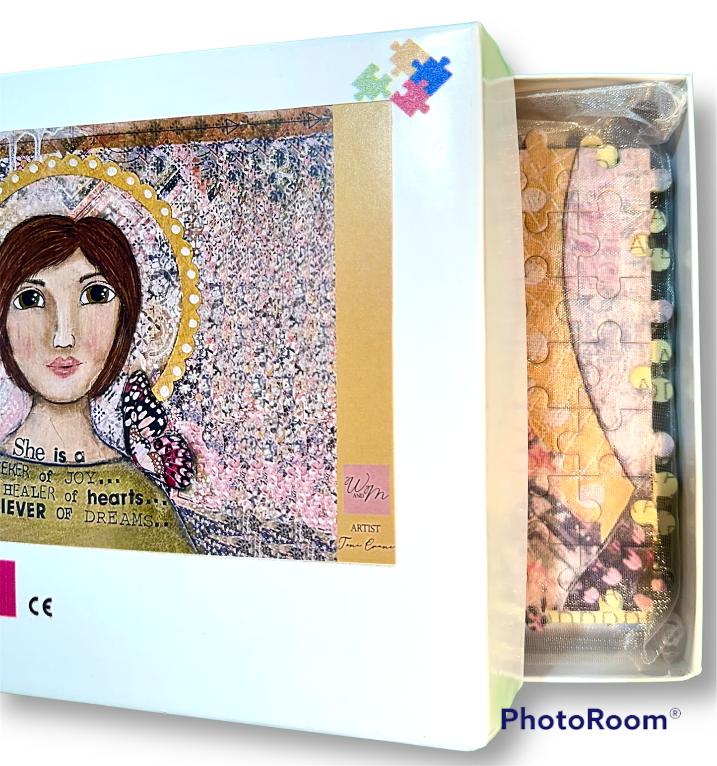 whimsy and me, yellow, mixed media, butterfly girl, brunette, halo, hazel eyes pink butterfly, healer, whimsical girl, puzzle, creative