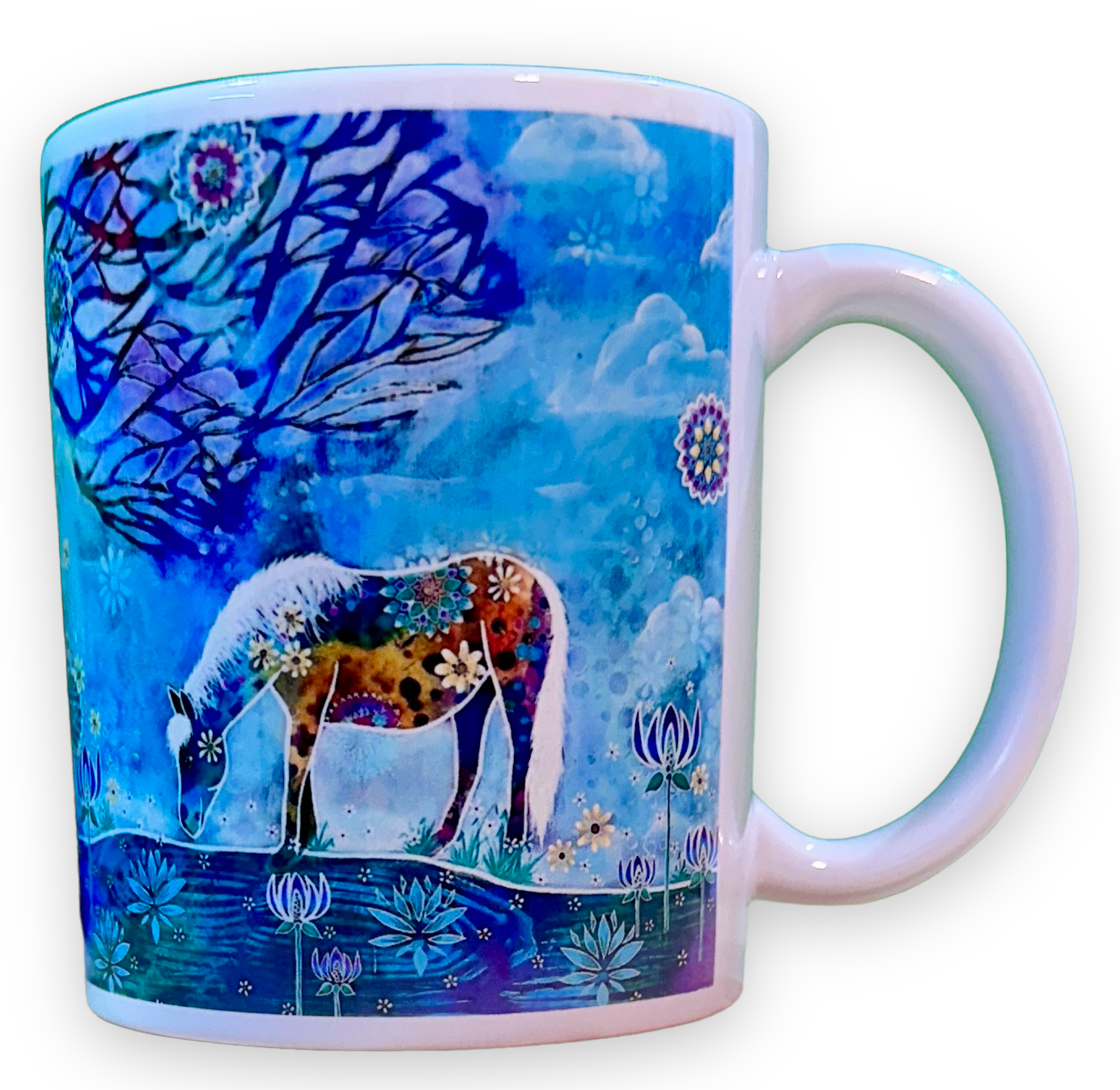 whimsy and me, whimsical horse, intuitive painting, creek, bold colors, lotus flowers, water, free, purple, turquoise, flowers, forest, trees, mug