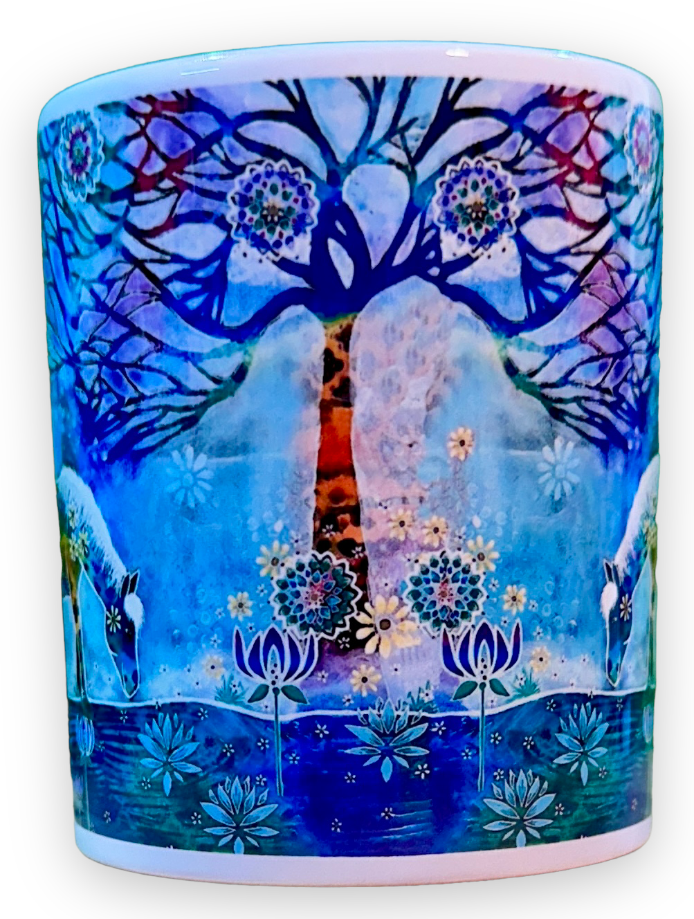 whimsy and me, whimsical horse, intuitive painting, creek, bold colors, lotus flowers, water, free, purple, turquoise, flowers, forest, trees, mug