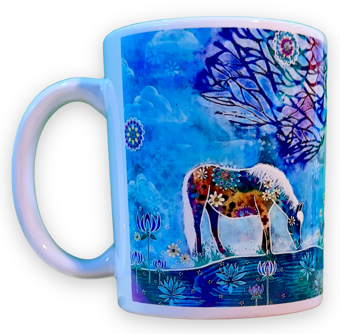 whimsy and me, whimsical horse, intuitive painting, creek, bold colors, lotus flowers, water, free, purple, turquoise, flowers, forest, trees, mug