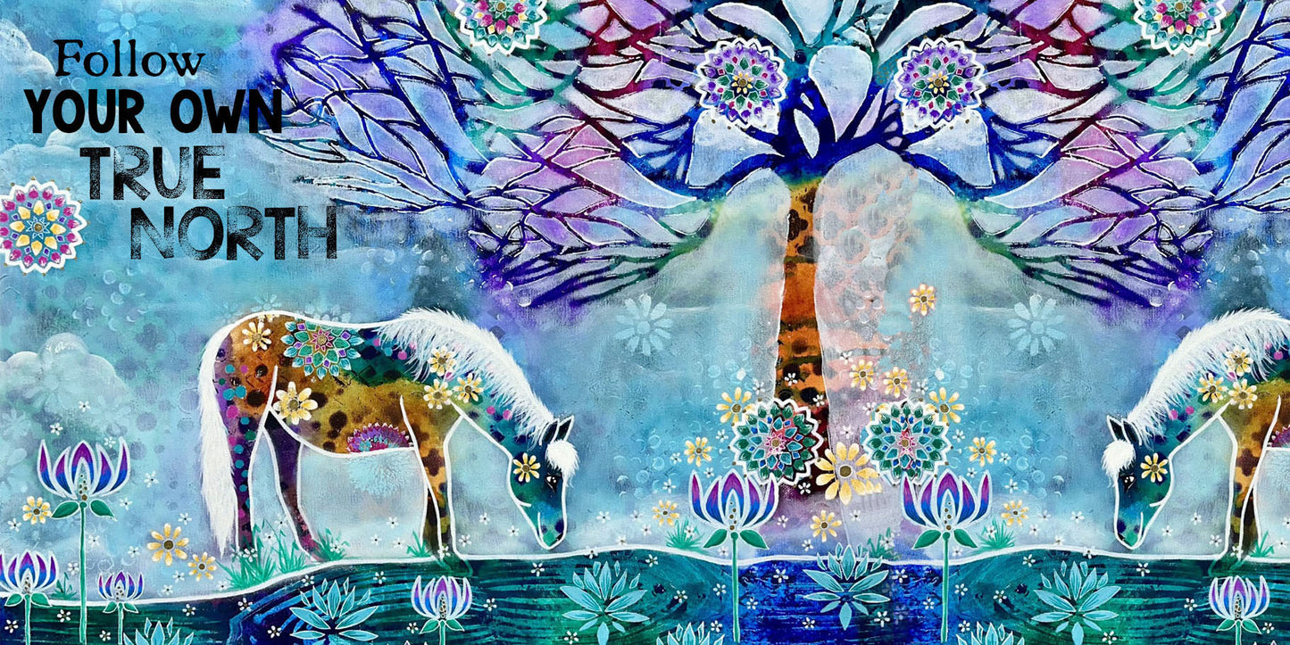 whimsy and me, whimsical horse, intuitive painting, creek, bold colors, lotus flowers, water, free, purple, turquoise, flowers, forest, trees, beach towel