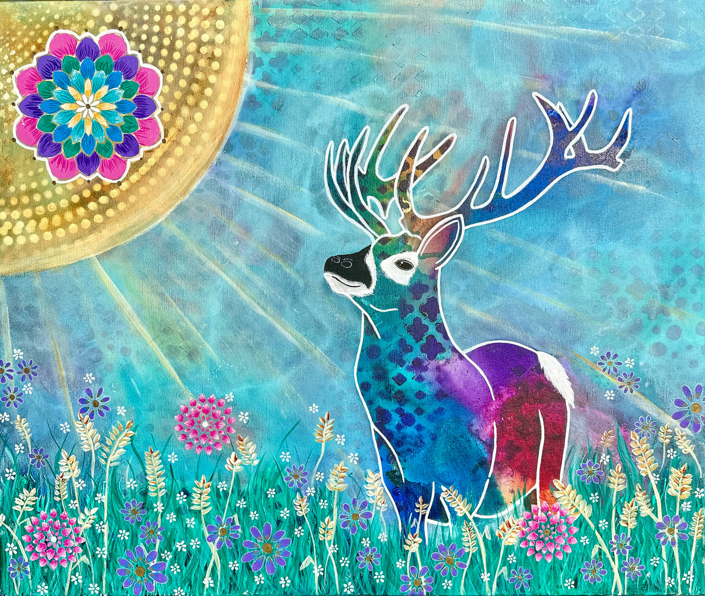 whimsy and me, whimsical deer, intuitive painting, creek, bold colors, lotus flowers, water, free, purple, turquoise, flowers, forest, trees, art, original