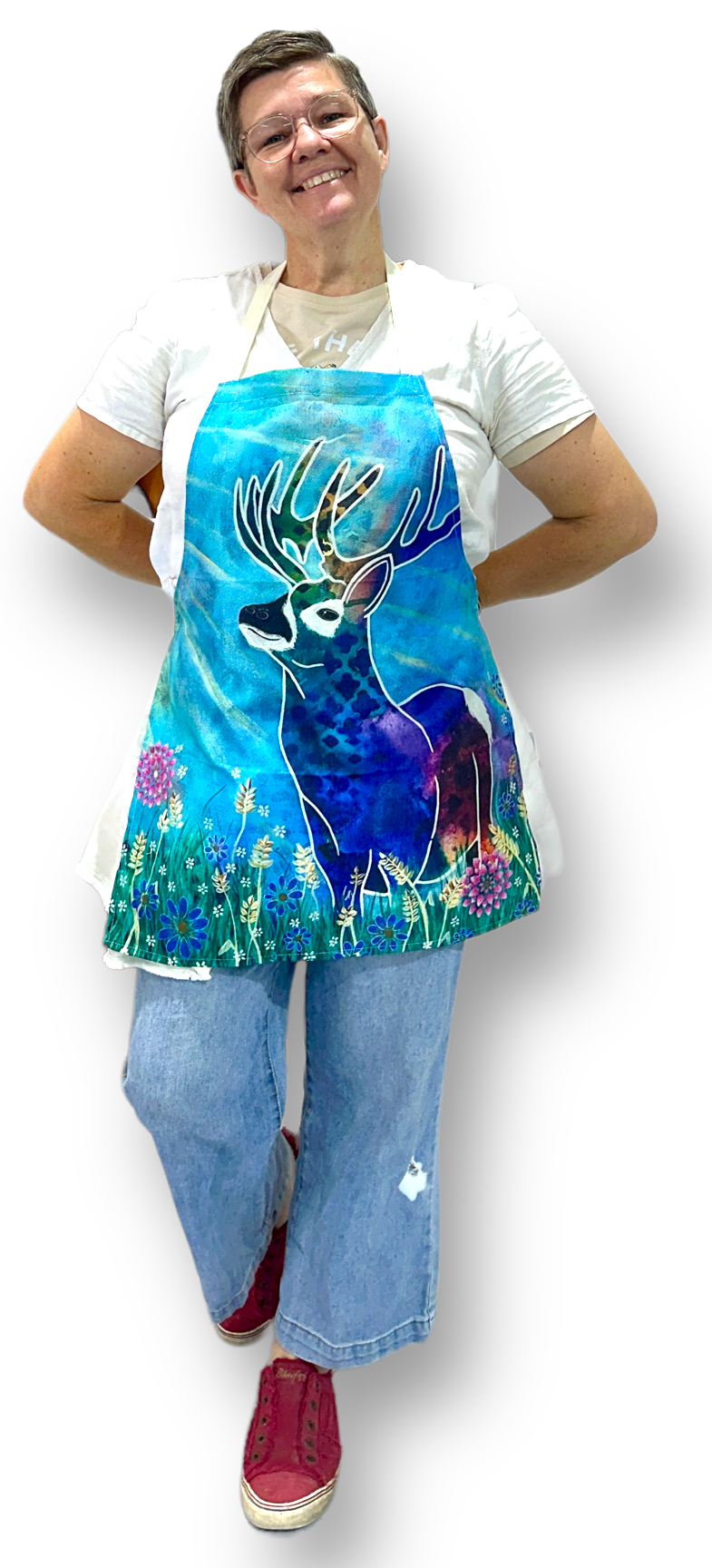whimsy and me, whimsical deer, intuitive painting, creek, bold colors, lotus flowers, water, free, purple, turquoise, flowers, forest, trees, adults apron, creative