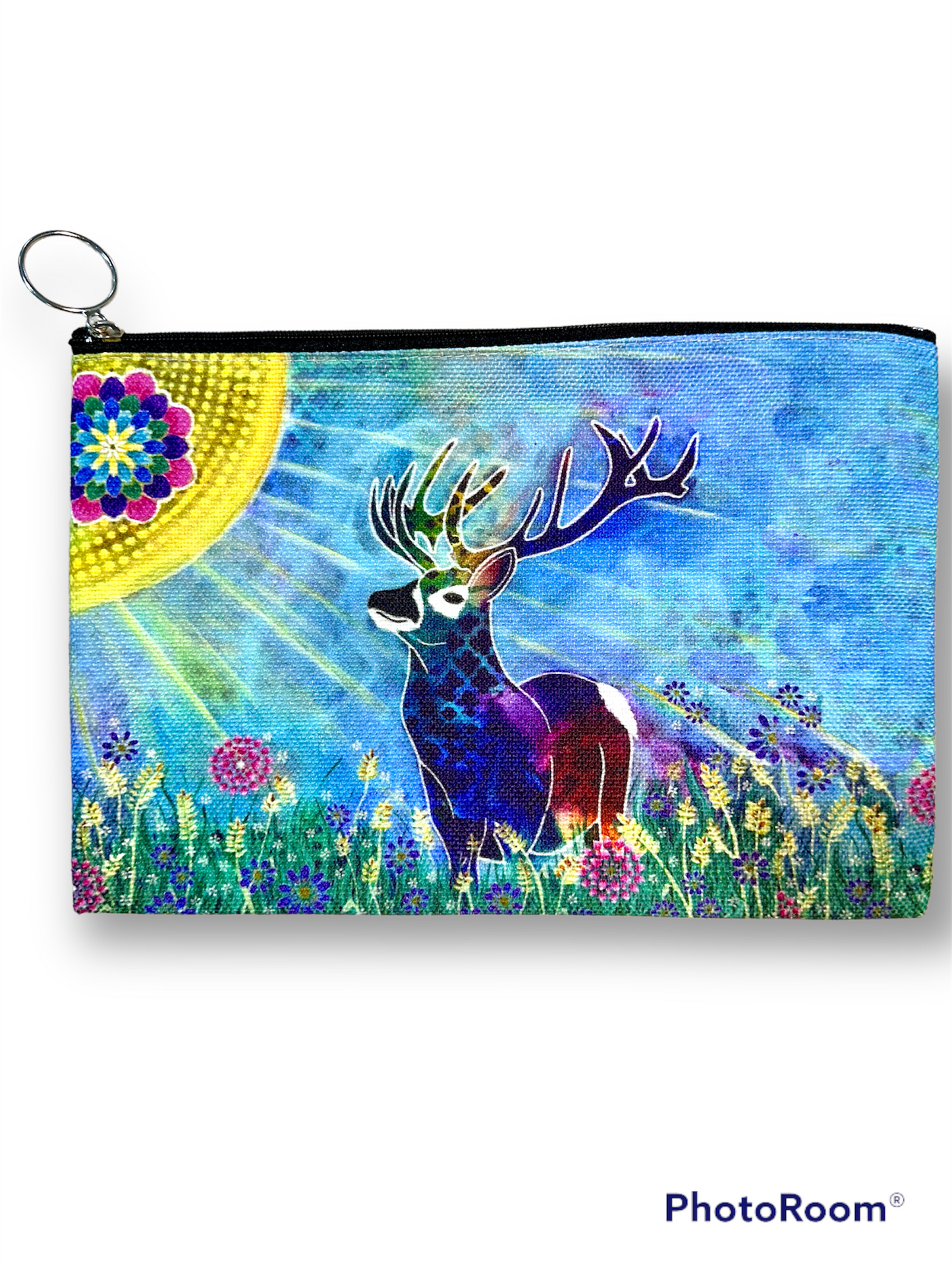 whimsy and me, whimsical deer, intuitive painting, creek, bold colors, lotus flowers, water, free, purple, turquoise, flowers, forest, trees, art, beauty bag, double sided